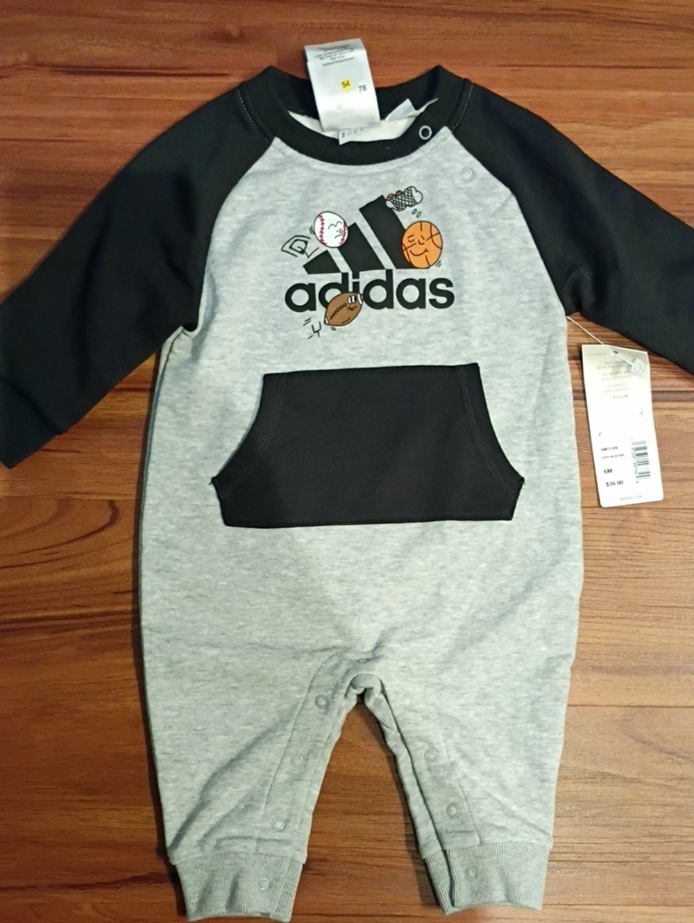 adidas Grey and Black Sports Logo Baby One-Piece